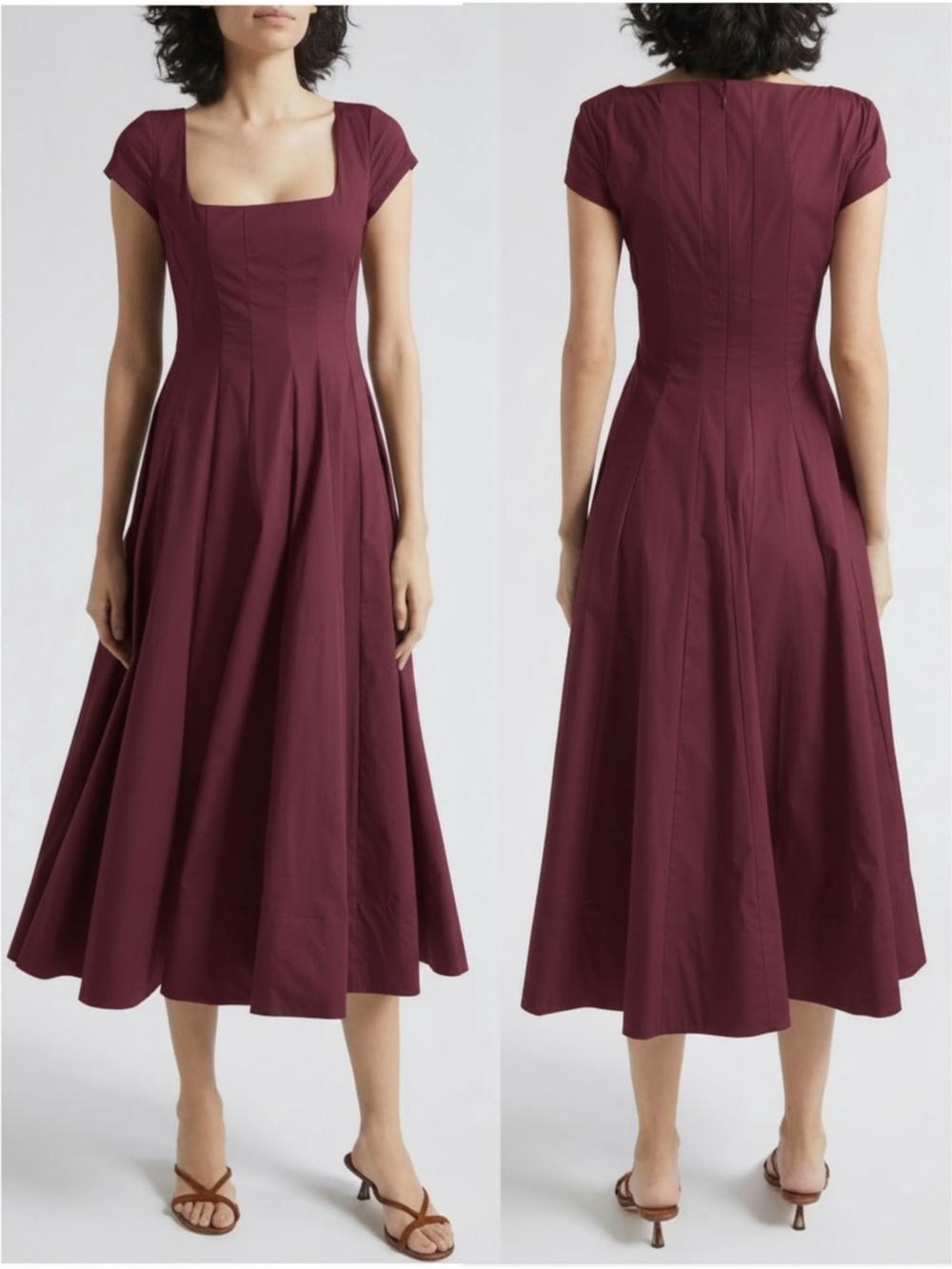 STAUD Wells Women’s Burgundy Short Sleeve A-line Poplin Cotton Midi Dress Size 4